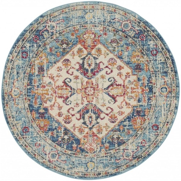 Homeroots 4 ft. Round Ivory & Light Blue Distressed Area Rug 385549 - main